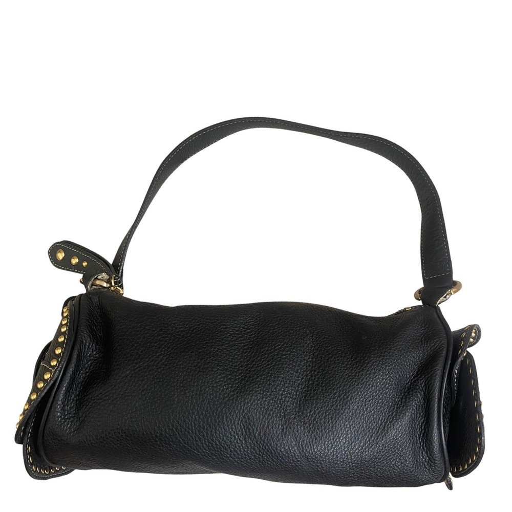 Maxx New York Black Pebbled Leather Studded Barrel Shoulder Bag Gold Hardware‎